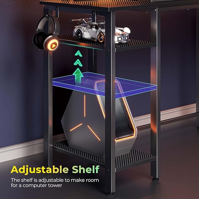 Rolanstar L Shaped Gaming Desk with LED Lights & Power Outlets, 46.2" Computer Desk with Full Monitor Stand & Storage Shelf, Corner Desk with Hooks, Carbon Fiber Desk Reversible
