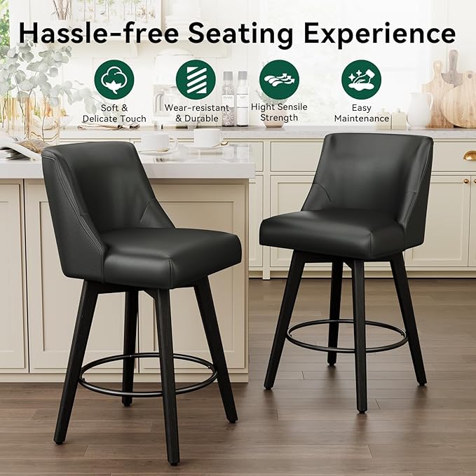 Vipbear Swivel Counter Height Bar Stools Set of 4,26.8" H Counter Stools with Back, Mid Century Modern Bar Stools for Kitchen Island,Faux Leather,Wooden Base, Black