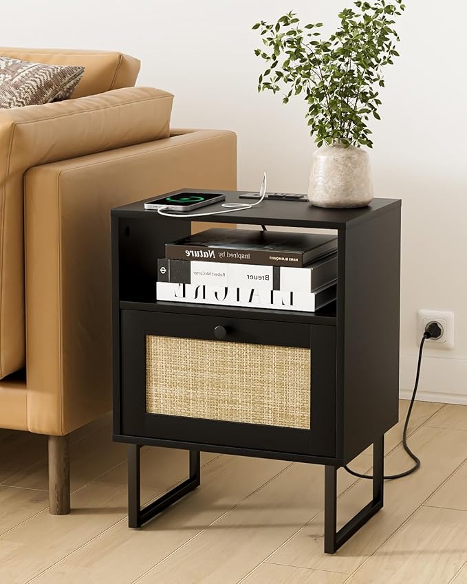 Rattan Nightstand with Charging Station, Boho Night Stand Farmhouse Wood Bedside Table with Storage and Open Shelf, End Side Accent Table for Bedroom,Living Room,Black