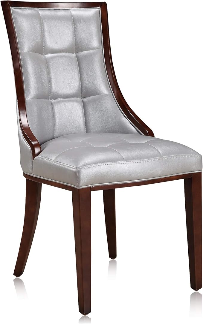 Manhattan Comfort Fifth Avenue Faux Leather Dining Chairs, Parsons Accent Furniture with Padded Wingback Seat, Fine Rectangular Stitching and Solid Beech Wood Frame, Set of 2, Silver