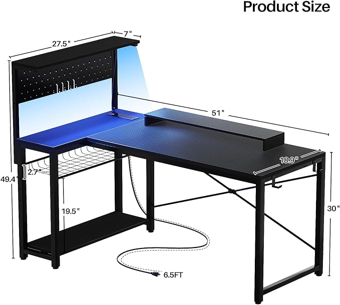 Homieasy Small Gaming Desk with Power Outlets Pegboard LED Light, 51 Inch L Shaped Computer Desk with Monitor Stand Storage Shelves, Reversible Corner Desk with Headset Hooks, Carbon Fiber Black