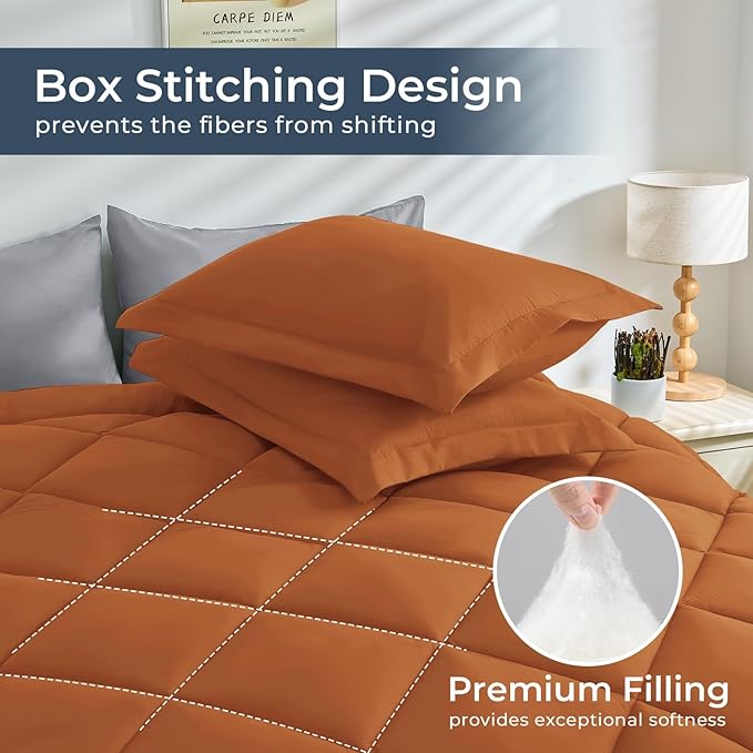HEVUMYI Full Comforter Set - 7-Piece All Season Bed in a Bag Full, Ultra Soft Bedding Set with Comforter, Flat Sheet, Fitted Sheet, Pillowcases, Pillow Shams, Orange & Light Grey