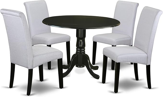 East West Furniture DLBA5-BLK-05 5 Piece Dining Set Includes a Round Dining Room Table with Dropleaf and 4 Grey Linen Fabric Upholstered Parson Chairs, 42x42 Inch, Black