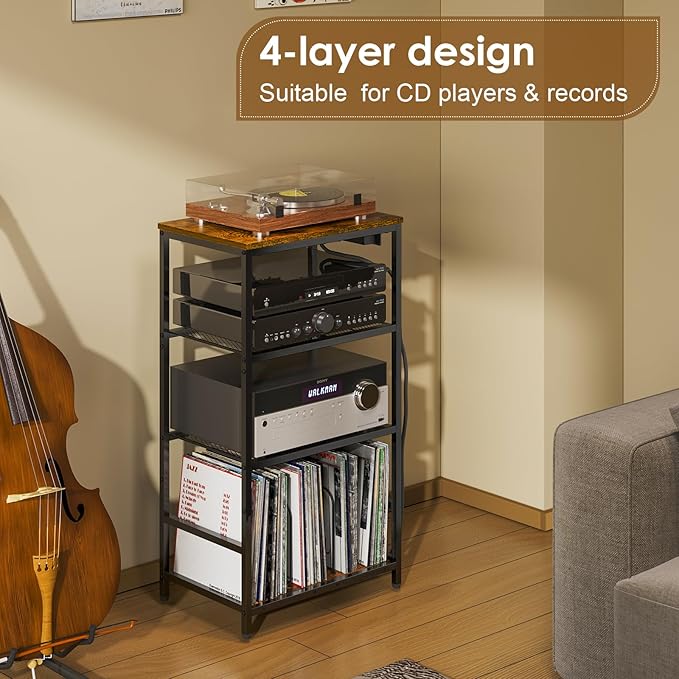 Record Player Stand with Storage, 4 Tier Turntable Stand with Vinyl Record Storage, Stereo Cabinet with Record Holder, Media Stand with Outlets for Entertainment Center