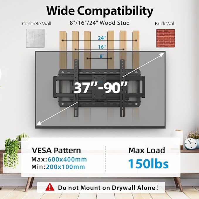 37-90 inch Full Motion TV Wall Mount, Fits 24" Wood Studs, Wall Mount tv Bracket with Smooth Swivel, Tilt, Extension, TV Mounts Hold up to 150lbs, Max VESA 600x400 mm, Fit Most 75 85 86 TVS