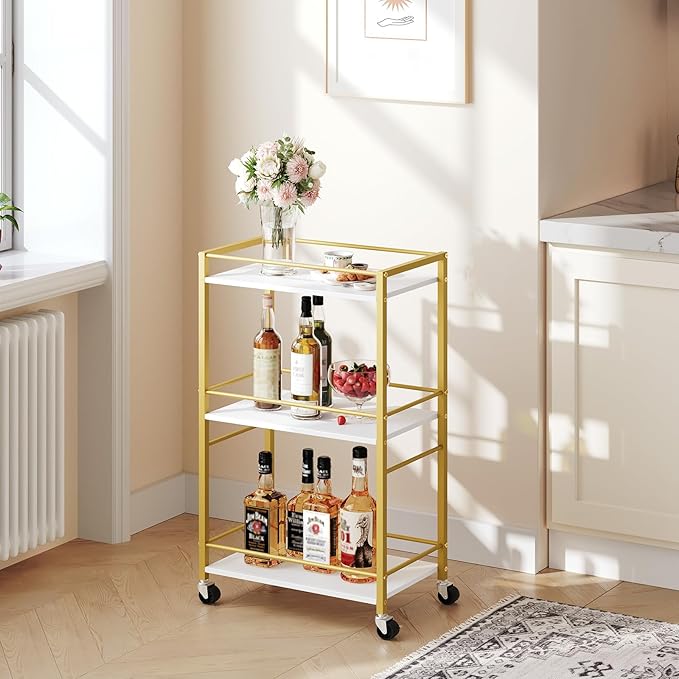 Bar Cart for The Home, 3-Tier Drink Cart on Wheels, Home Bar Serving Cart, Mini Bar Cart for Small Space, Rolling Kichen Carts for Bar, Kitchen, Dining Room, Gold RCJW4001