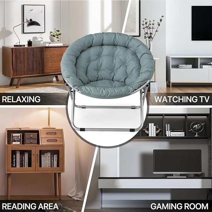 MoNiBloom Round Folding Saucer Chairs Set of 2 for Bedroom Living Room Dorm Foldable Metal Frame Comfy Soft Lounge Lazy Cozy Moon Chairs for Teens (Teal)