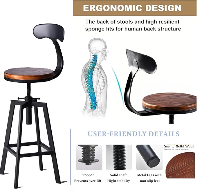 Diwhy Industrial Bar Stools,Kitchen Dining Chair,Wood Top Stool,Adjustable Height Swivel Counter Height Bar Chair with Metal Backrest,Black,Fully Welded Set of 2 (Brown Wooden Top with Iron Backrest)