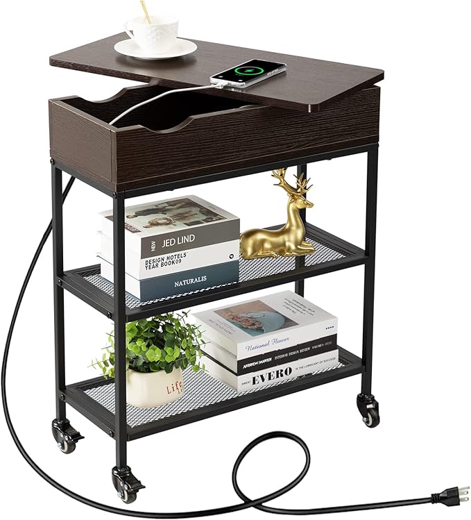 Hadulcet End Table with Charging Station & Rotating Top, Couch End Table, Rotating Swivel Top Side Table for Living Room & Bedroom, Narrow Rolling Side Table on Wheels, Skinny Nightstand, Black Walnut