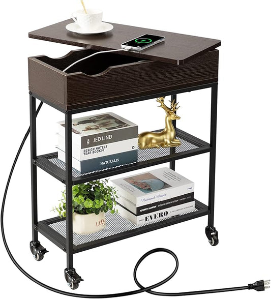 Hadulcet End Table with Charging Station & Rotating Top, Couch End Table, Rotating Swivel Top Side Table for Living Room & Bedroom, Narrow Rolling Side Table on Wheels, Skinny Nightstand, Black Walnut