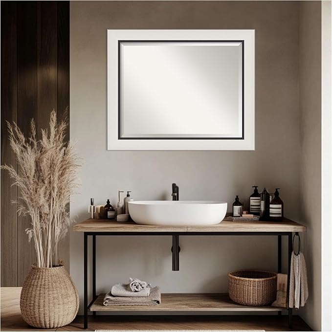 Amanti Art Silver Bathroom Mirror for Over Sink, 28x34 Ellie Silver Black Rectangle Vanity Mirror, Large Modern Contemporary Frame, Hangs Horizonally and Vertically, Bathroom Wall Decor, Beveled Edge
