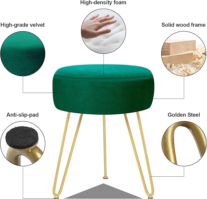 GERANT Multifunctional Vanity Stools - Velvet Round Ottoman Modern Dressing Stool -Upholstered Footrest Stool - Side Table Footstool with Golden Metal Leg for Living Room, Bedroom (Teal)