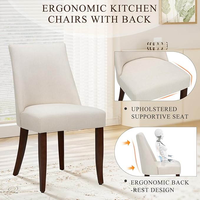 COLAMY Upholstered Dining Chairs Set of 6, Mid Century Modern Kitchen Chairs with Back, Farmhouse Fabric Side Dining Room Chairs with Wood Legs for Dining Room Restaurant, Beige