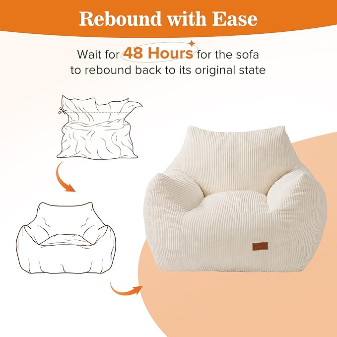 Big Bean Bag Chair for Adults & Kids, Ultra Soft Living Room Bean Bag with Armrests, Stuffed BeanBag Floor Sofa for Napping, Gaming, Lounging, Beige