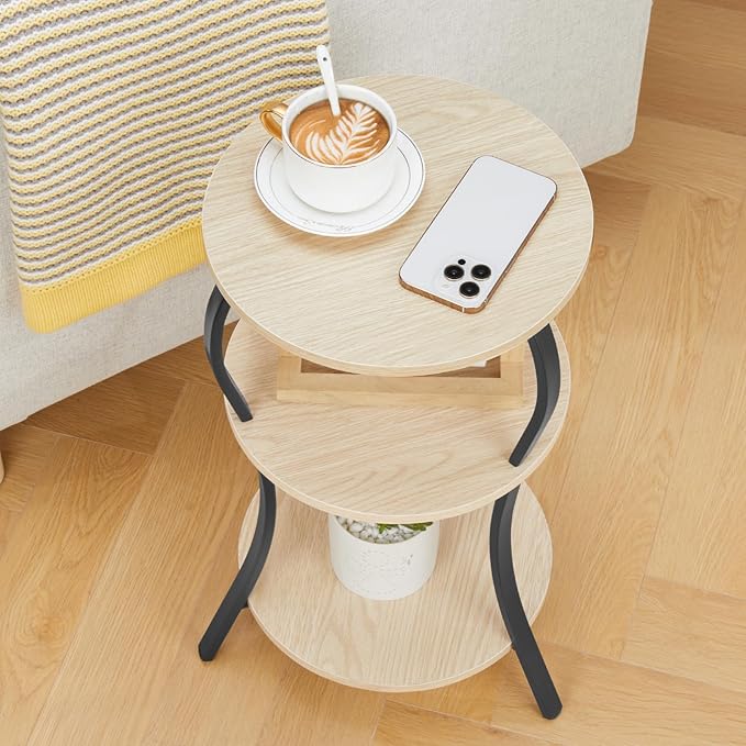 Vintage Small Round Side Table, 3-Tier Slim Waist Circular End Table with Storage Shelf, Compact Tea Sofa Side Table, Round Corner Coffee Table Nightstand for Living Room Bedroom Small Spaces,Oak