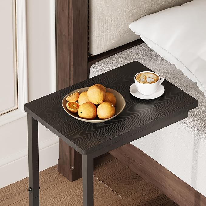 Side Table,C Table with 2-Tier Storage Shelf, End Table with Metal Frame, Sofa Table with Wheels for Living Room, Bedroom, Office, Bathroom, Easy Assembly, Black