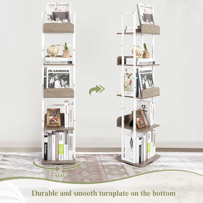 Bikoney Bookshelves 5-Tier, Rotating Bookshelf Tower for Corner, Small Narrow Bookcase, Tall Industrial Bookshelf, Wood and Metal White