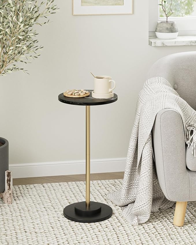 Round Side Table, Small Drink Table for Small Spaces, Modern Accent End Table Coffee Table with Metal Leg for Living Room, Bedroom, Corners, and Office (Black Marble)