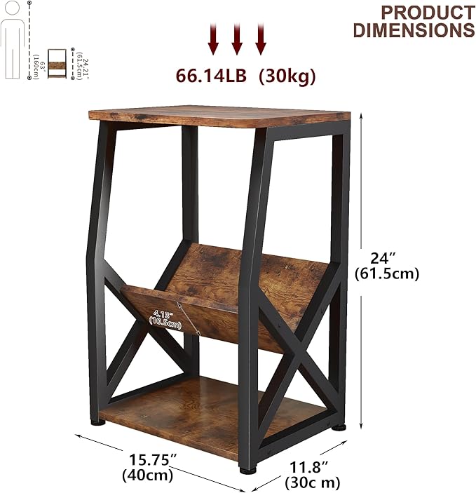 ALISENED Side Table, 3 Tier Narrow End Table with Storage Shelf, Industrial Slim Nightstand for Small Spaces, Narrow Small End Tables for Living Room,Bedroom,Home Office.