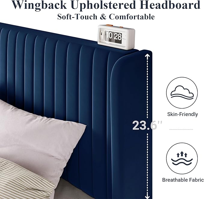 Allewie Queen Size Velvet Bed Frame/Vertical Channel Tufted Wingback Headboard/Upholstered Platform Bed/Strong Wooden Slats/No Box Spring Needed/Easy Assembly/Dark Blue