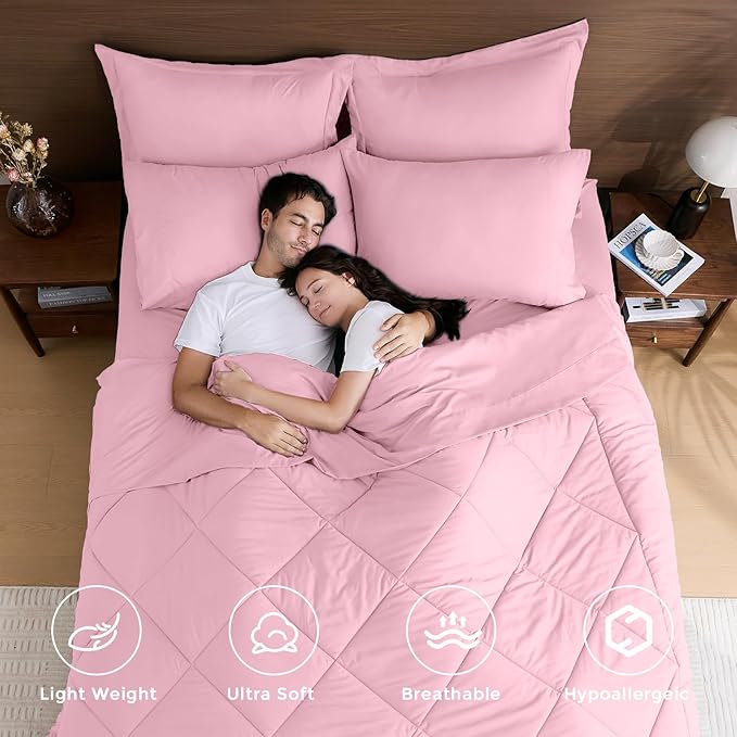 HEVUMYI Pink Queen Comforter Set - 7-Piece All Season Bed in a Bag Queen, Ultra Soft Bedding Set with Comforter, Flat Sheet, Fitted Sheet, Pillowcases, Pillow Shams, Pink