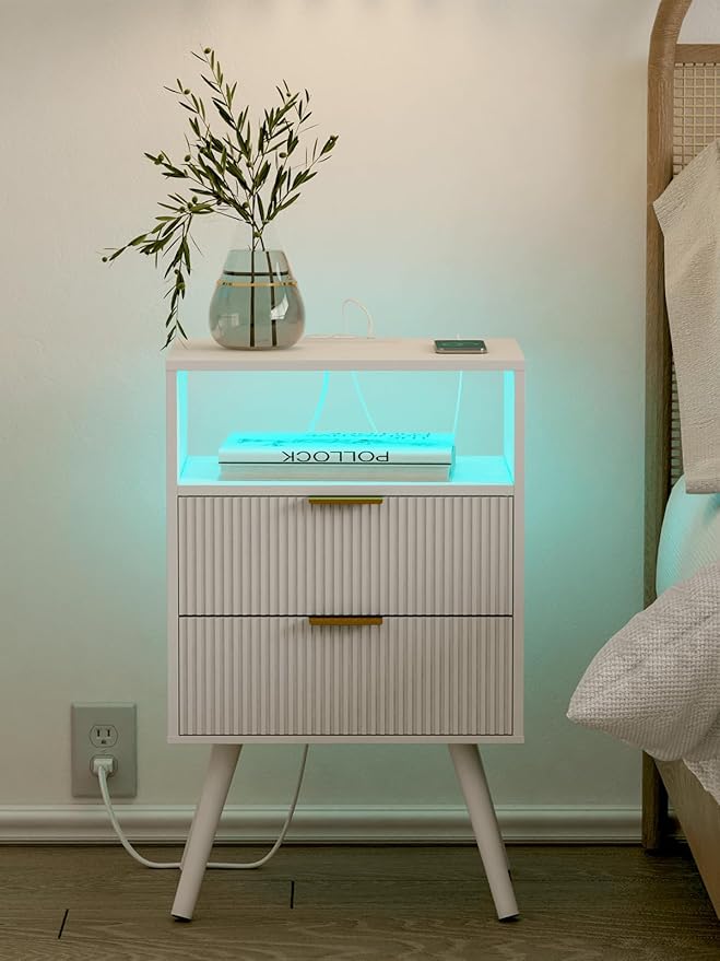 Nightstand, Modern Bedside Table with 2 Storage Drawer and Open Wood Shelf for Bedroom and Small Spaces, Night Stand with Solid Wood Legs (White-Outlet)