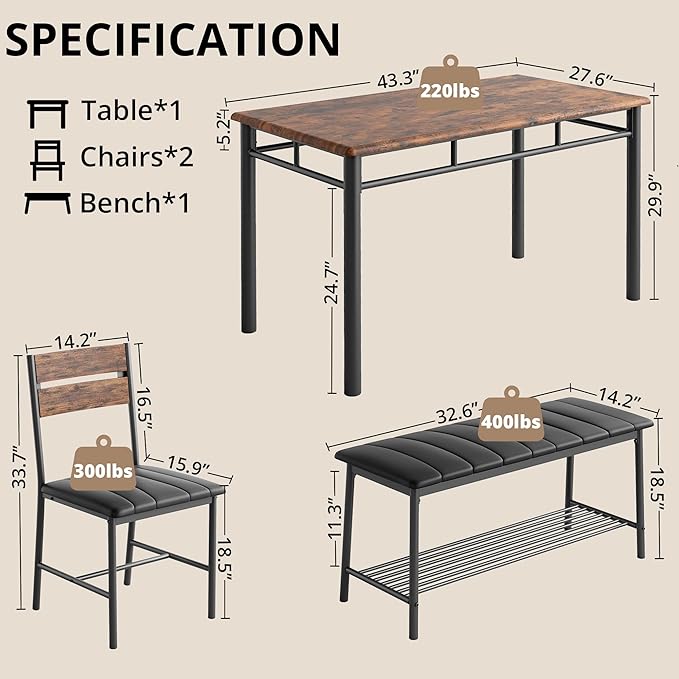 IRONCK Dining Table Set for 4, Kitchen Table with Upholstered Bench and 2 Chairs, Kitchen Table and Chairs Set for Small Space, Apartment, Rustic Brown