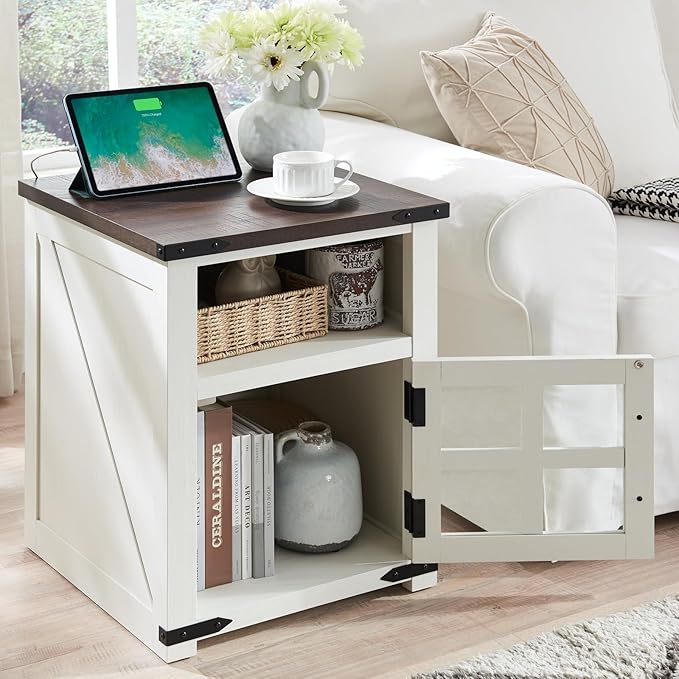 Farmhouse Nightstand with Charging Station, Rustic End Table with Tempered Glass Barn Door, Wood Sofa Side Bedside Table with Open Storage Shelf for Living Room, Bedroom, White, 2 Pack