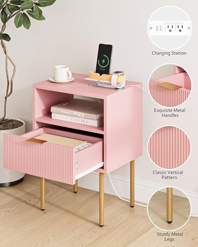 Masupu Nightstand with Charging Station,Mid-Century Modern Bedside Table with Storage Drawer and Open Wood Shelf,Small Gold Frame Side Table for Bedroom,Living Room (Pink)