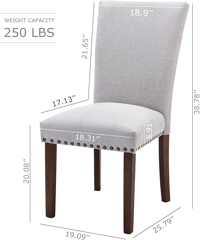 COLAMY Parsons Dining Chairs Set of 6, Upholstered Fabric Dining Room Kitchen Chair with Nailhead Trim and Wood Legs - Light Grey