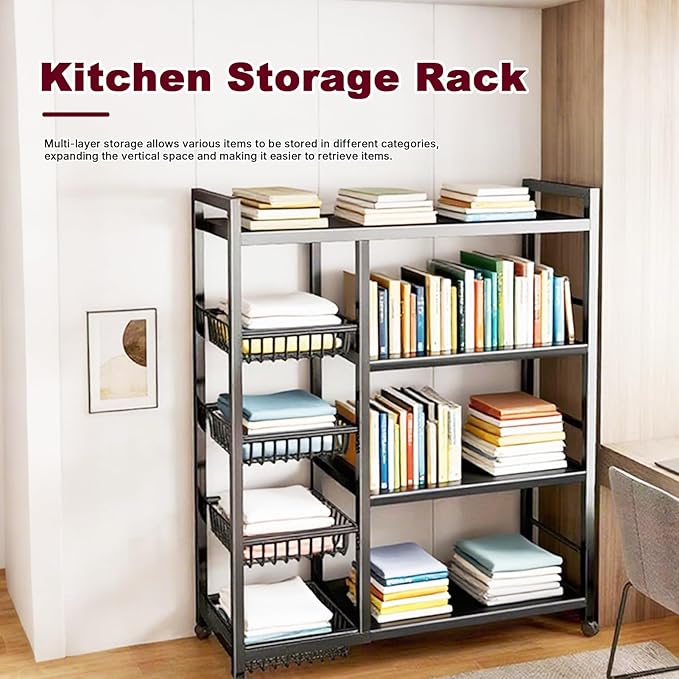 4-Tier Versatile Metal Storage Rack,Vegetable Fruit Basket Kitchen Storage Rolling Cart on Wheels, Kitchen Storage Shelf with 4 Removable Mesh Baskets,Can be Used in Bedrooms,Kitchens,Living Rooms