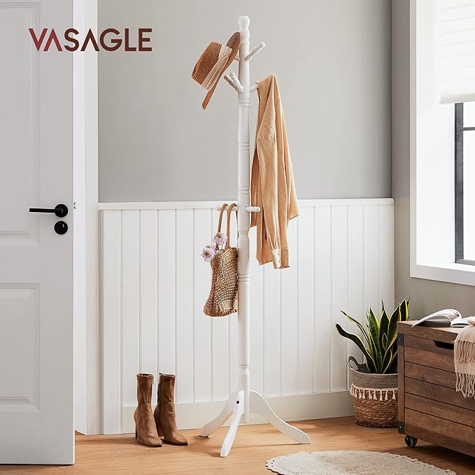 VASAGLE Solid Wood Coat Rack and Stand, Free Standing Hall Coat Tree with 10 Hooks for Hats, Bags, Purses, for Entryway, Hallway, Rubberwood, Cloud White URCR03WT