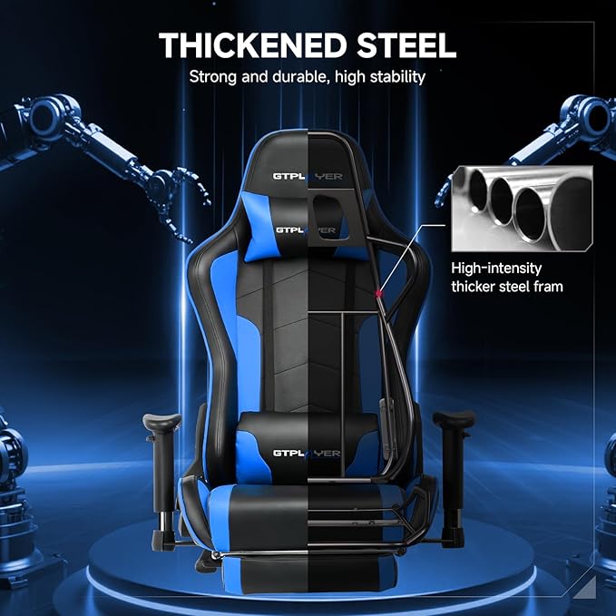 GTPLAYER Gaming Chair with Bluetooth Speakers and Footrest, Ergonomic Gamer Chair with Reclining Backrest, 3D Armrests, Adjustable Seat Height, Computer Desk Chair for Adults (Blue)