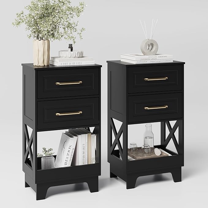 Tall Nightstand Set of 2 Side Table with 2 Drawers Modern Night Stand Wooden End Table Bedside Table with Below Open Shelf Solid Feet for Bedroom, Living Room, Black