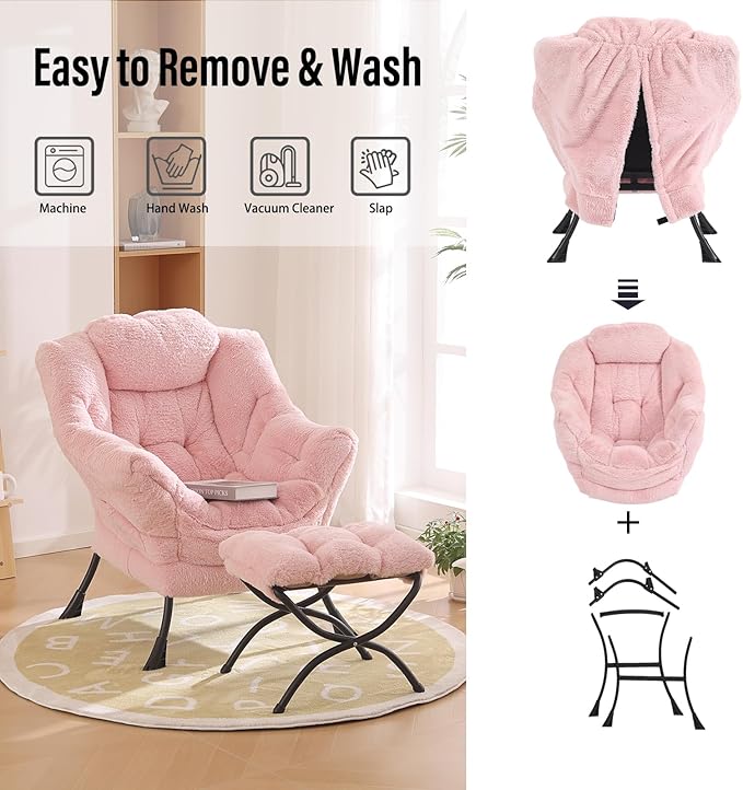 Lazy Chair with Ottoman, Modern Chair with Folding Footrest, Lounge Accent Chair, Comfortable Reading Chair, Oversized Armchairs for Bedroom, Study, Living Room(Plush Pink)
