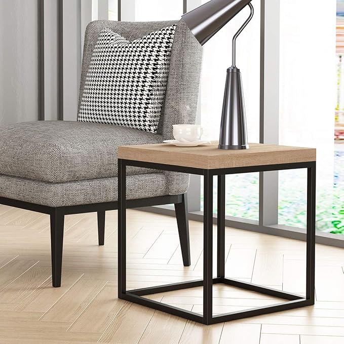 CENSI 18-Inch Natural Oak Accent End Table/Side Table for Living Room, Modern Industrial, Square, Metal and Wood (Natural Wood)