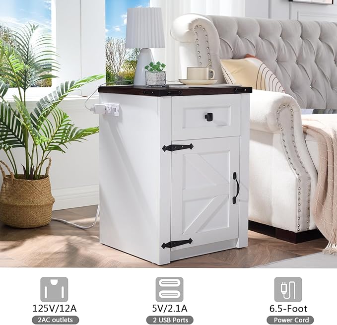 SOOWERY Nightstands Set of 2, Nightstand with Charging Station, Farmhouse End Table with Barn Door and Drawer, Rustic Wood Sofa Side Table for Bedroom, Living Room, White