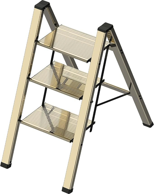 3 Step Lightweight Folding Ladder for Home, 330lbs Aluminum Step Ladder Anti-Slip for Kitchen, Step Stool Foldable Adults for Closet, 330lbs - Champagne Gold