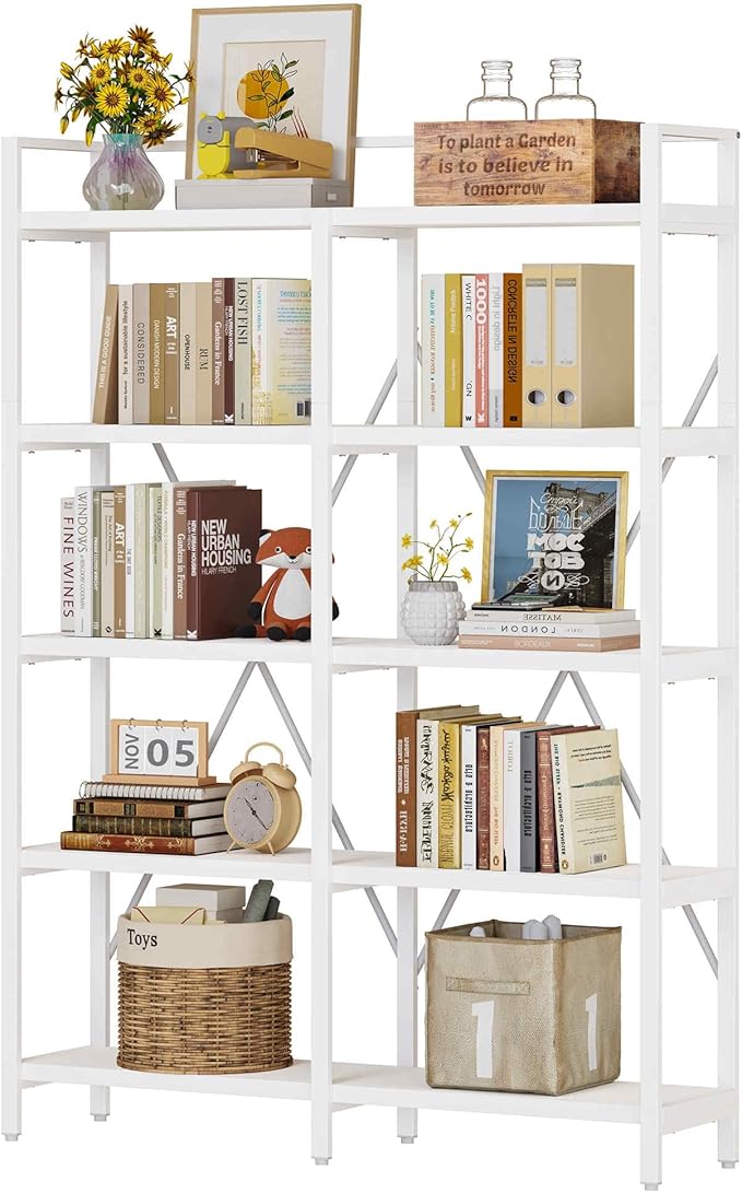 FATORRI Bookshelves and Bookcases, 5 Tier Tall Wood Metal Bookshelf, 51in Wide Bookcase Modern Shelving Unite for Home Office, Living Room, Bedroom (White Oak)