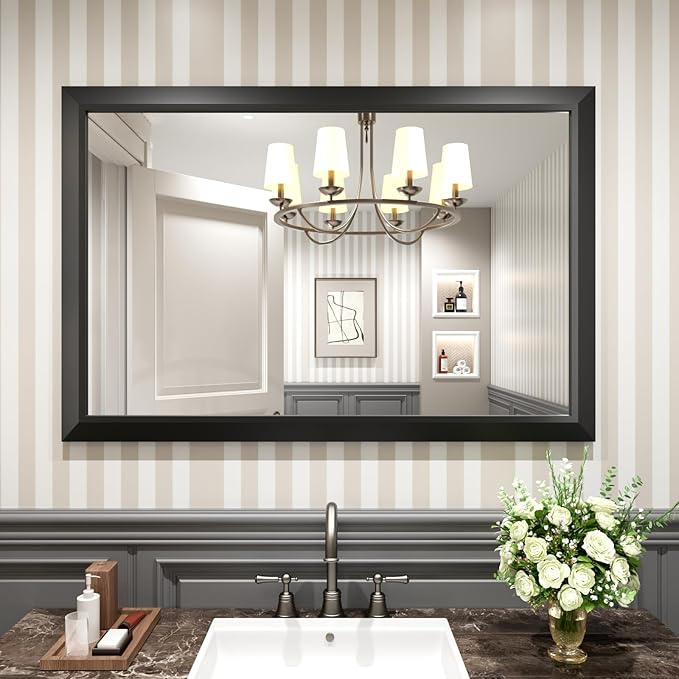 Amorho Black Bathroom Mirror, 48" x32" Thick Metal Framed Wall Mirrors for Over 2 Sinks, Bedroom, Living Room, Entryway, Large Rectangle Vanity Mirrors.