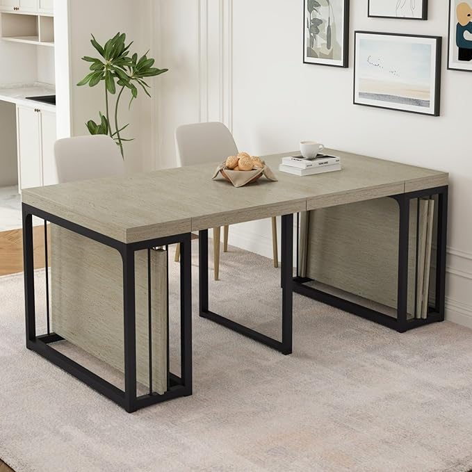 KEIKI 23.62" - 118" L Extendable Foldable Dining Room Table for 2-10 People, Wood Modern Rustic Rectangle Expandable Kitchen Living Meeting Room Furniture, 5 Tabletop Length Options