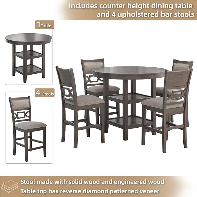 Signature Design by Ashley Wrenning Modern Diamond Patterned Counter Height Dining Table and 4 Upholstered Bar Stools with 2 Shelves, Set of 5, Gray & Light Gray