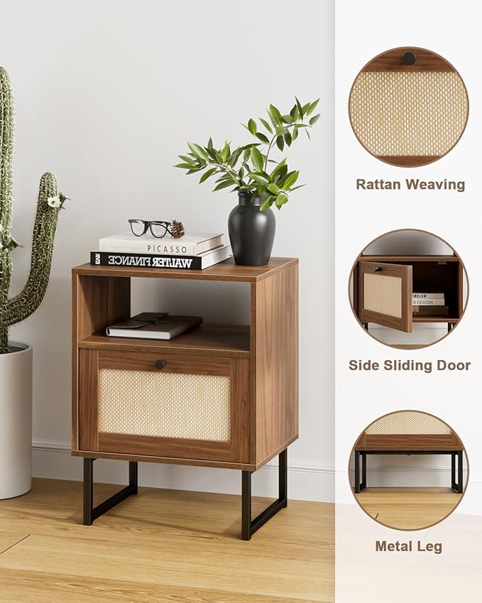 Masupu Rattan Nightstand,Modern Boho Farmhouse Wood Bedside Table with Storage Drawer and Open Shelf,Small Black Frame Side End Table for Bedroom,Living Room,Office (Walnut)