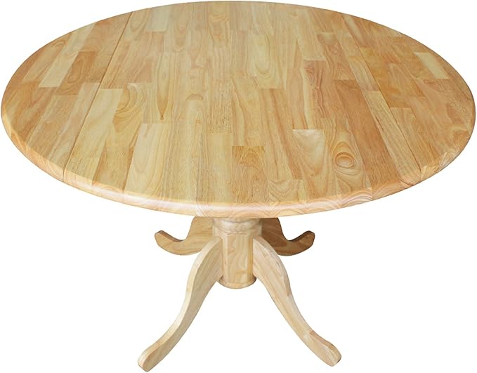 IC International Concepts, 42" Round Dual Drop Leaf Pedestal Dining Table, Solid Real Wood, Sturdy Parawood, Natural