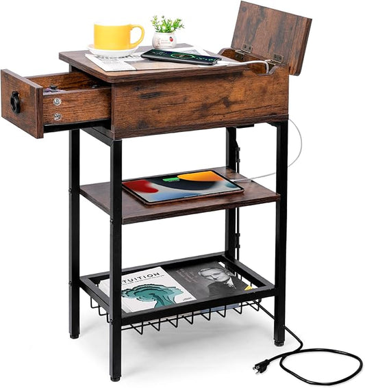 Skinny End Tables with USB Ports and Outlets for Living Room, Slim Nightstand with Charging Station for Bedroom,Chair Side Table with Storage for Small Spaces,Rustic Side Table Recliner