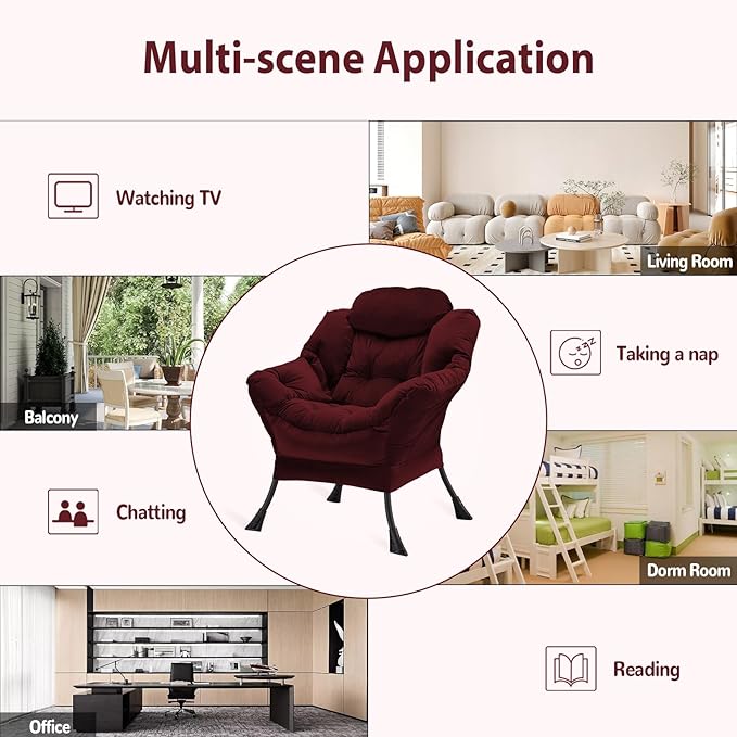 Lazy Chair Thick Padded, Comfy Velvet Accent Lounge Chair with Stable Frame, Leisure Sofa Armchair with Armrests and Side Pocket, Reading Chair for Bedroom, Living Room, Office, Burgundy