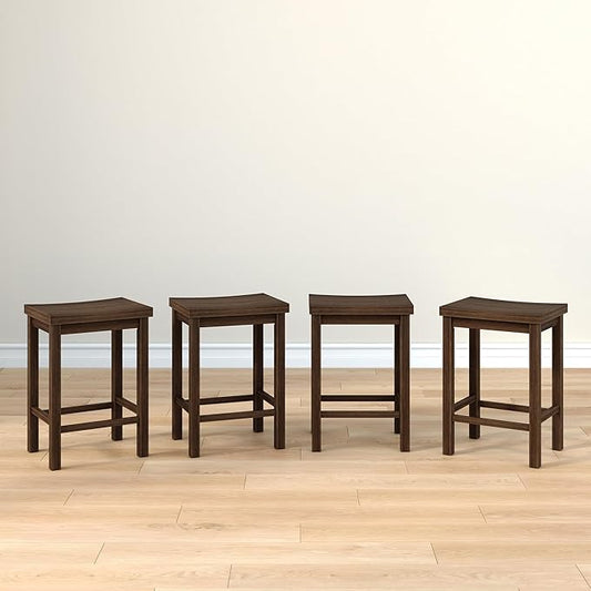 Grain & Grove Smith Collection Set of 4 Solid Wood Counter Height Bar Stools, 24-Inch Saddle Seat Backless Stools, Ideal for Kitchen Island, Dining, or Home Bar Seating, Walnut