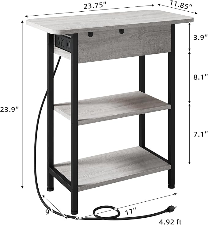 LIDYUK End Table with Charging Station, Flip Top Side Table with USB Ports and Outlets, Nightstand for Small Spaces, Bedside Tables with Storage Shelf for Living Room, Bedroom, Light Grey