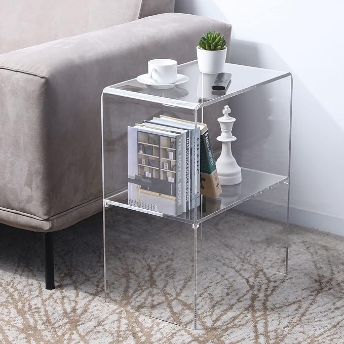 MyGift 24 Inch Acrylic Nightstand with 2 Tier Display Shelf, Clear Acrylic Side Table for Living Room Bedside Bedroom, Decorative Clear Home End Table