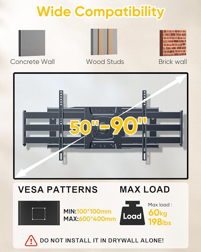 FORGING MOUNT Long Arm TV Wall Mount with 36" Extension Dual Articulating Full Motion TV Mount Bracket for 50"-90" Flat Curved TVs, Easy Install on 16" 24" Studs Max VESA 600x400mm up to 198lbs